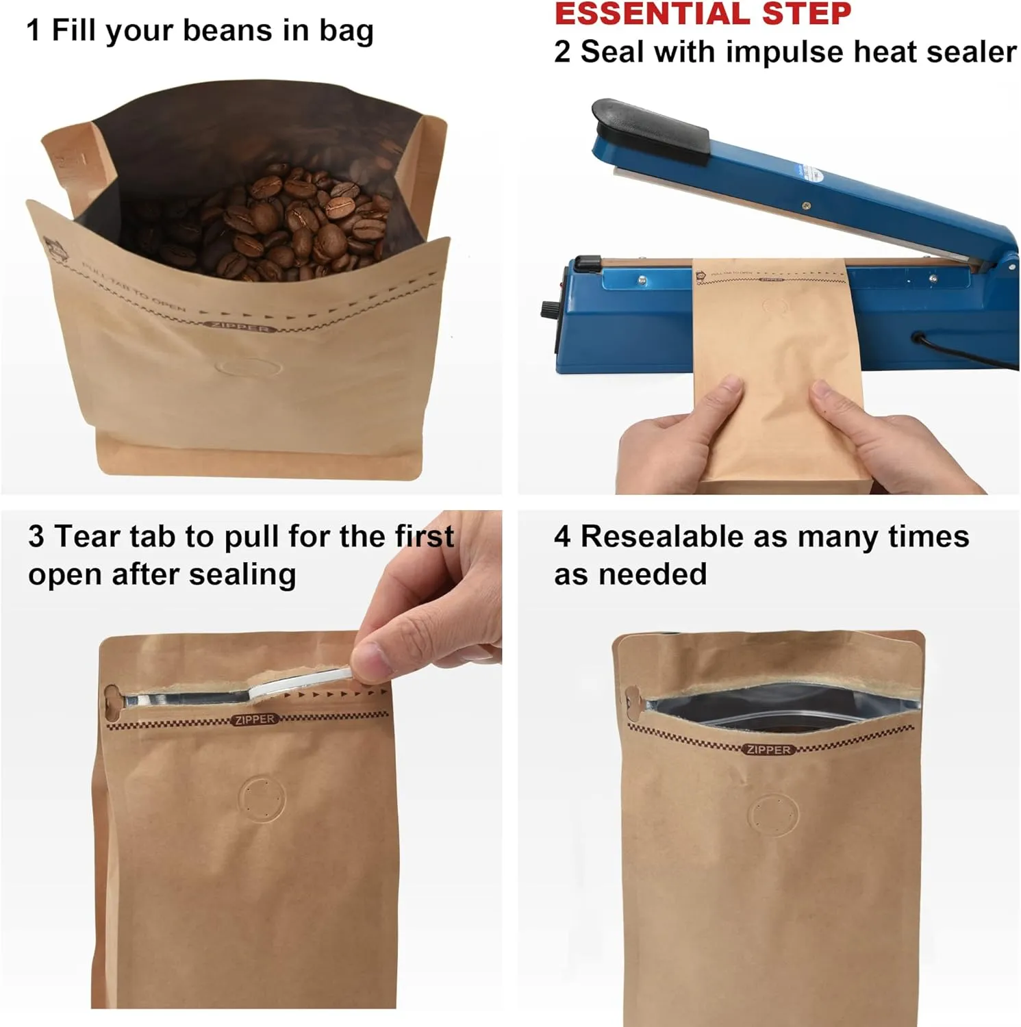 Kraft Paper Stand Up Coffee Bag/Flat Bottom Pouch with Air Release Valve and Reusable Side Zipper. (50pcs, 1lb/16oz)