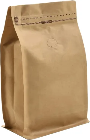 Kraft Paper Stand Up Coffee Bag/Flat Bottom Pouch with Air Release Valve and Reusable Side Zipper. (50pcs, 1lb/16oz)