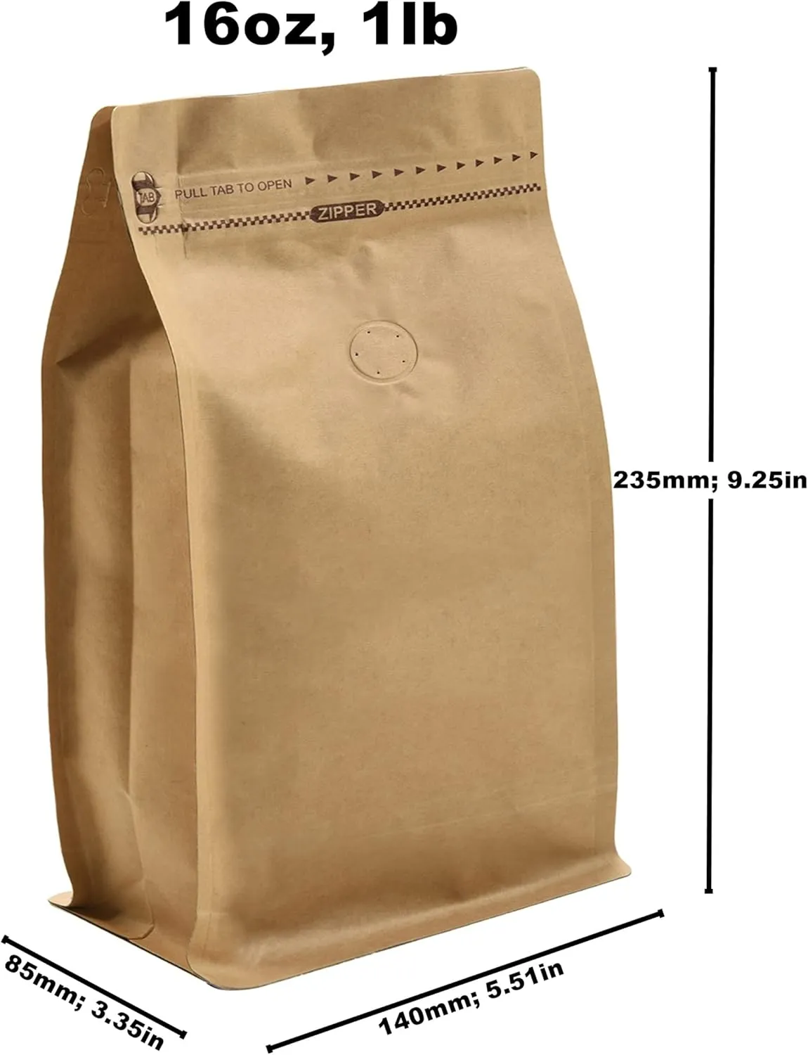 Kraft Paper Stand Up Coffee Bag/Flat Bottom Pouch with Air Release Valve and Reusable Side Zipper. (50pcs, 1lb/16oz)