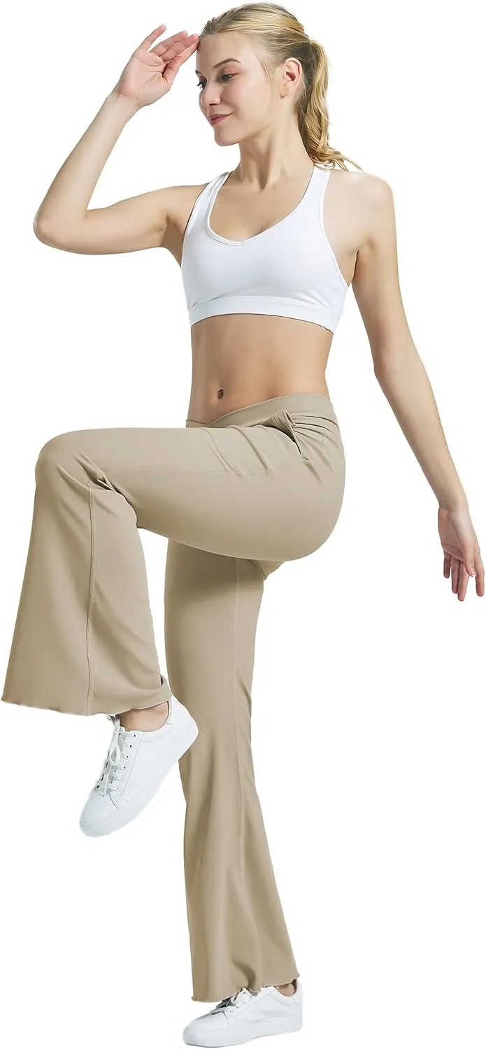 KuaCua Flare Leggings for Women,Crossover Flare Leggings with Pockets High Waist Bell Bottom Leggings Workout Ribbed Pants