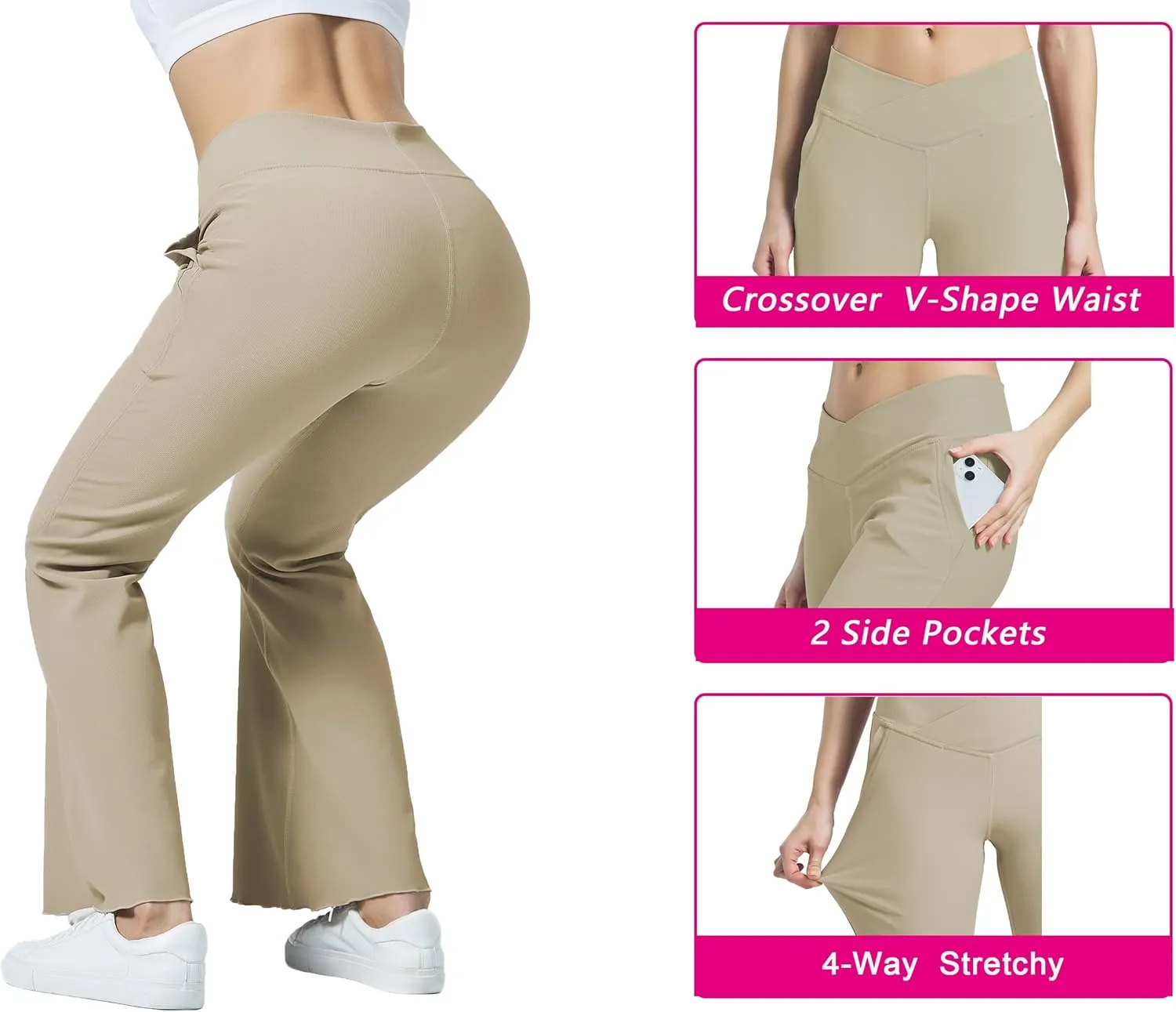 KuaCua Flare Leggings for Women,Crossover Flare Leggings with Pockets High Waist Bell Bottom Leggings Workout Ribbed Pants