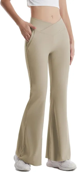 KuaCua Flare Leggings for Women,Crossover Flare Leggings with Pockets High Waist Bell Bottom Leggings Workout Ribbed Pants