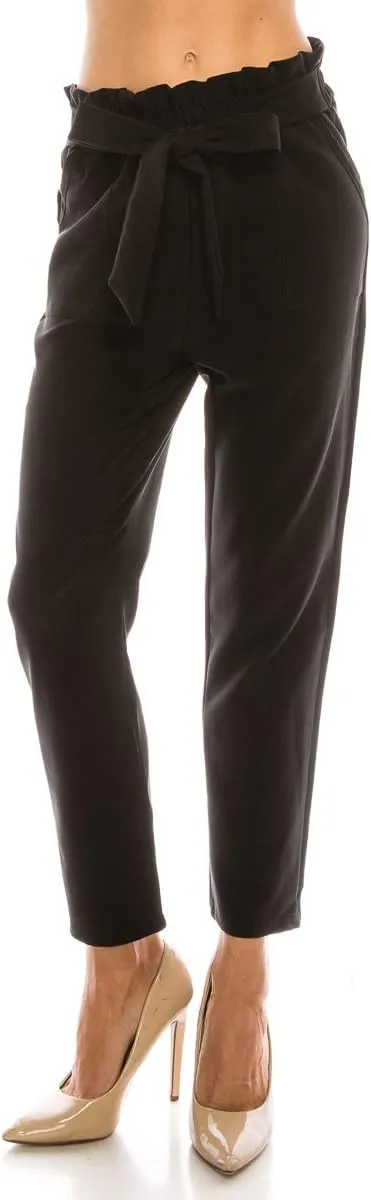 LA12ST Women's Cropped Paper Bag Waist Pants with Pockets