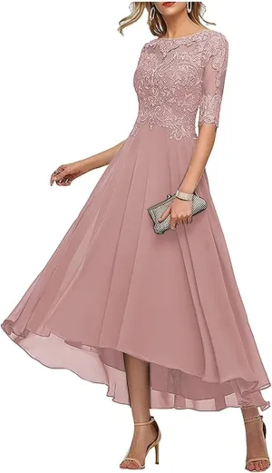 Lace Appliques Mother of The Bride Dresses for Wedding 3/4 Sleeve Tea Length Beaded Formal Evening Prom Dress