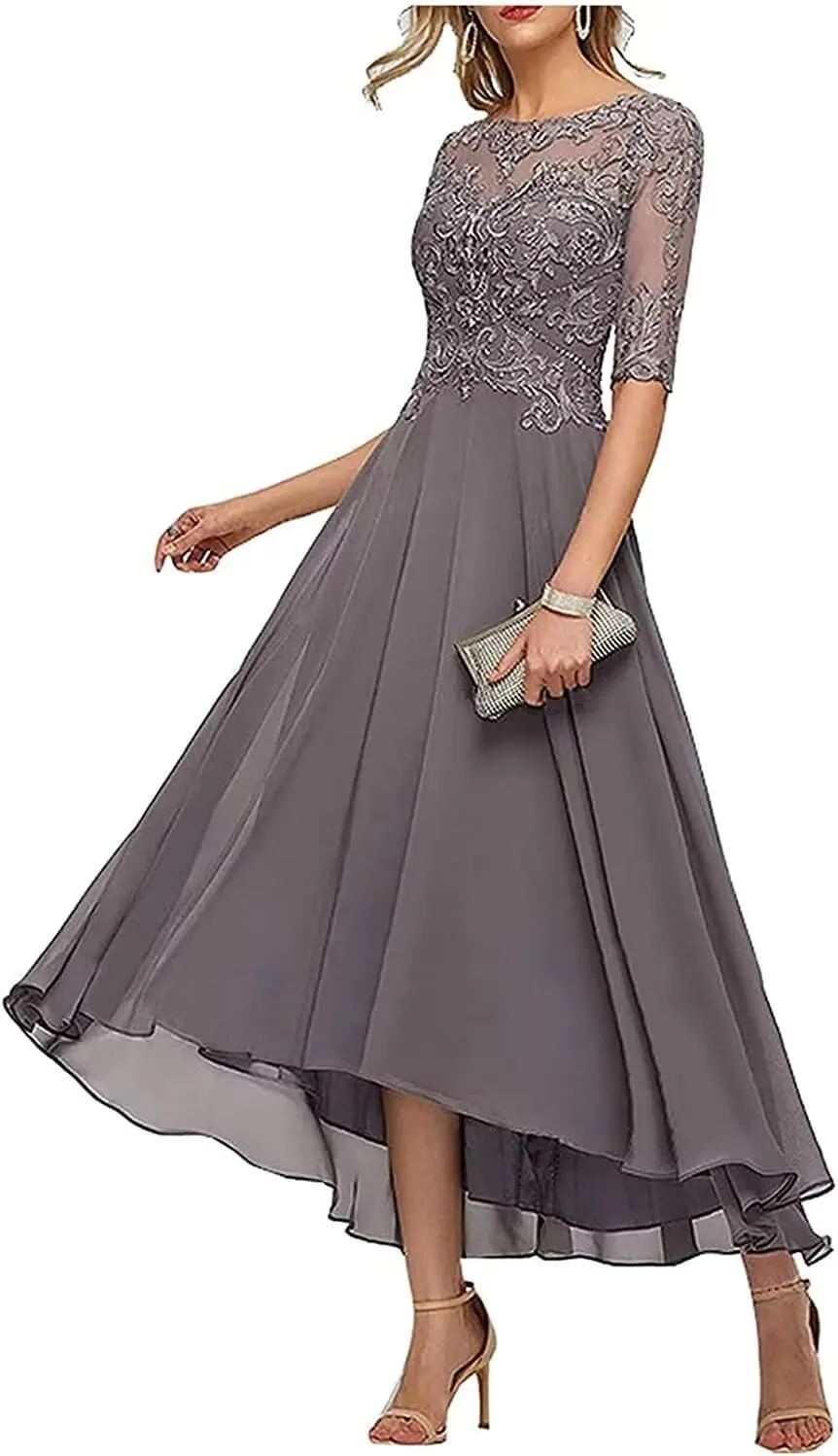 Lace Appliques Mother of The Bride Dresses for Wedding 3/4 Sleeve Tea Length Beaded Formal Evening Prom Dress