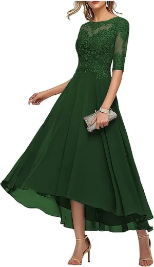 Lace Appliques Mother of The Bride Dresses for Wedding 3/4 Sleeve Tea Length Beaded Formal Evening Prom Dress