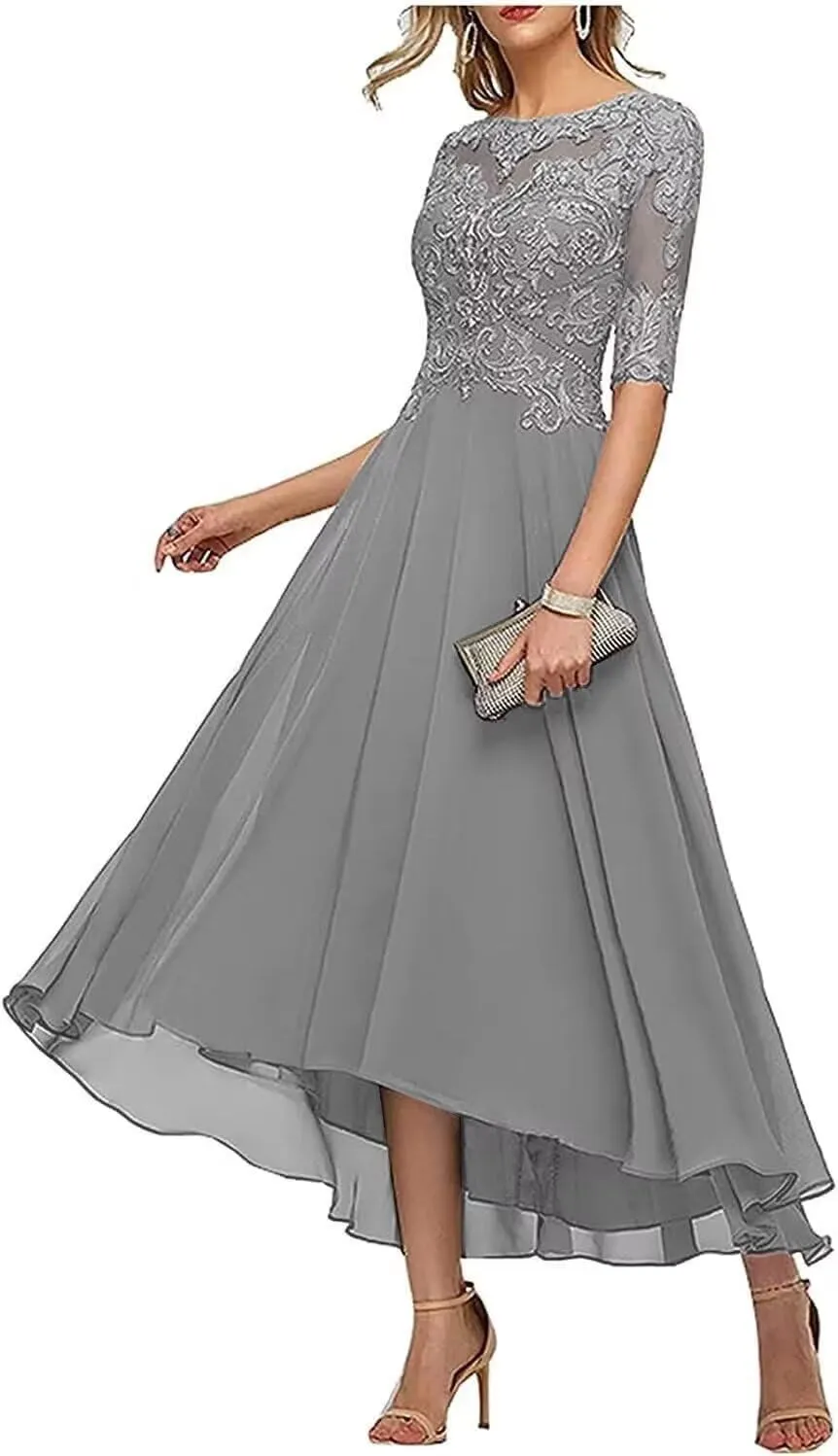 Lace Appliques Mother of The Bride Dresses for Wedding 3/4 Sleeve Tea Length Beaded Formal Evening Prom Dress