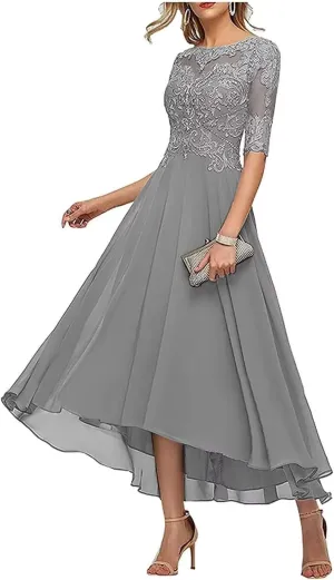 Lace Appliques Mother of The Bride Dresses for Wedding 3/4 Sleeve Tea Length Beaded Formal Evening Prom Dress