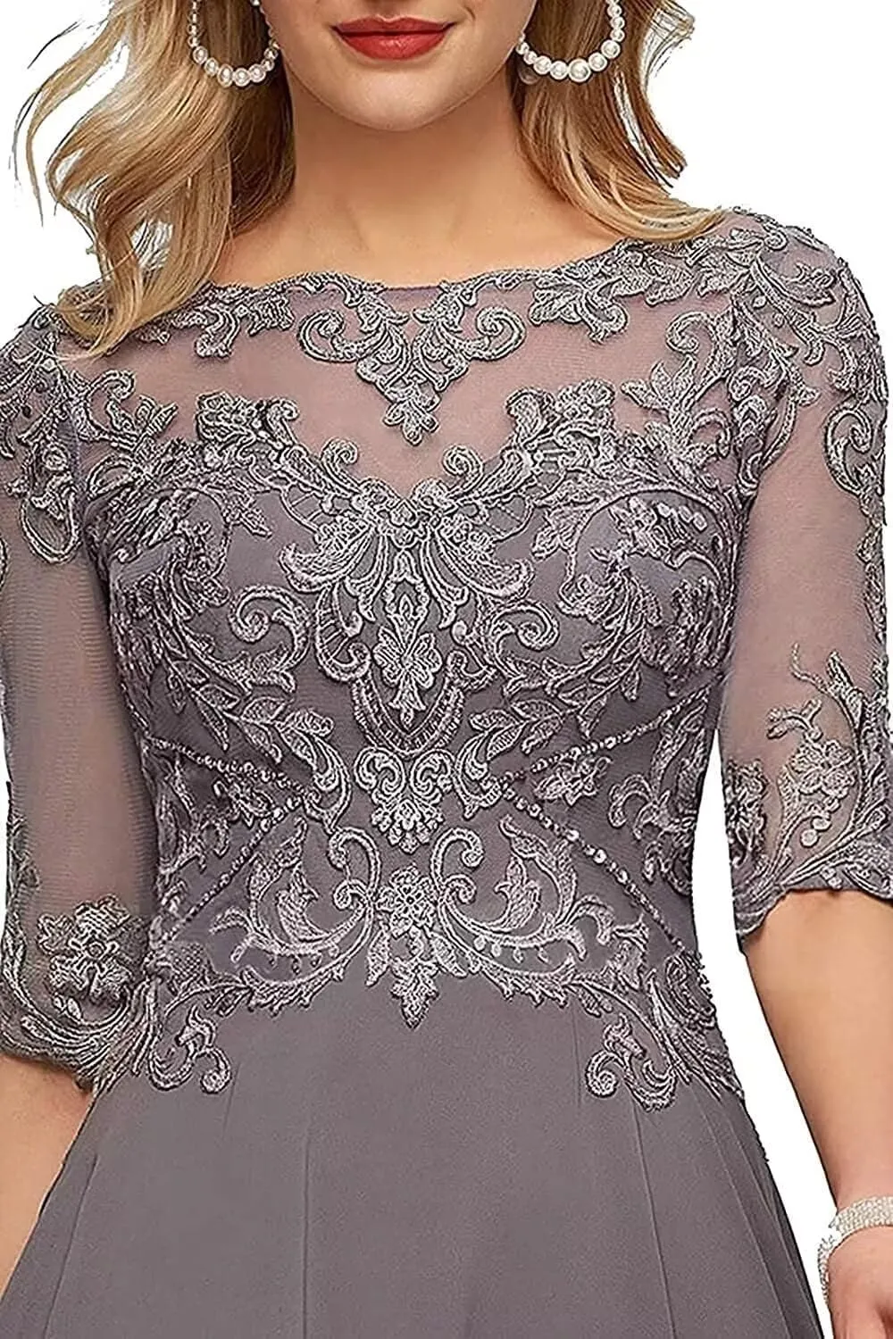 Lace Appliques Mother of The Bride Dresses for Wedding 3/4 Sleeve Tea Length Beaded Formal Evening Prom Dress