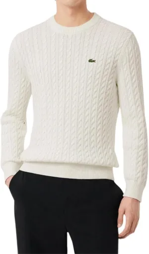 Lacoste Men's Cable Knit Cotton Sweater, White & Green, 3X-Large