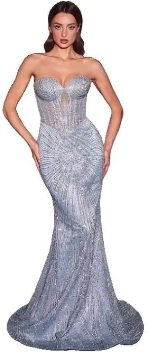 Ladivine J871 Beaded Strapless Corset Mermaid Gown - Light Blue