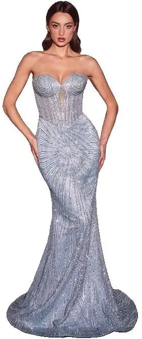 Ladivine J871 Beaded Strapless Corset Mermaid Gown - Light Blue