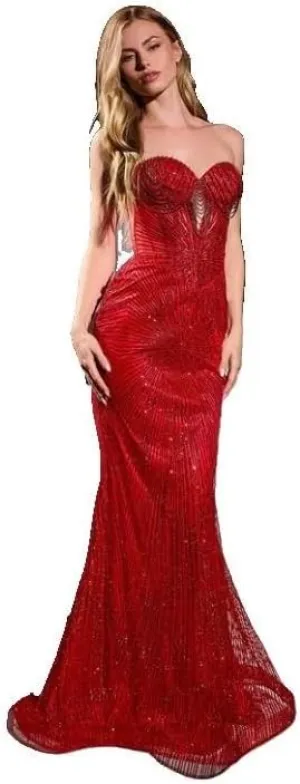 Ladivine J871 Beaded Strapless Corset Mermaid Gown - Red