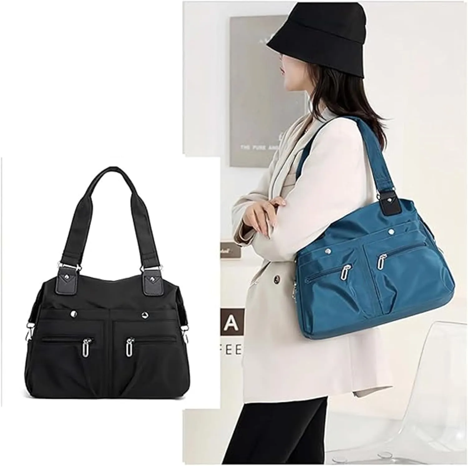 Langrents Nylon Tote Bag, Langrents Large Capacity Waterproof Multi Pocket Shoulder Bag, Womens Messenger Travel Bag