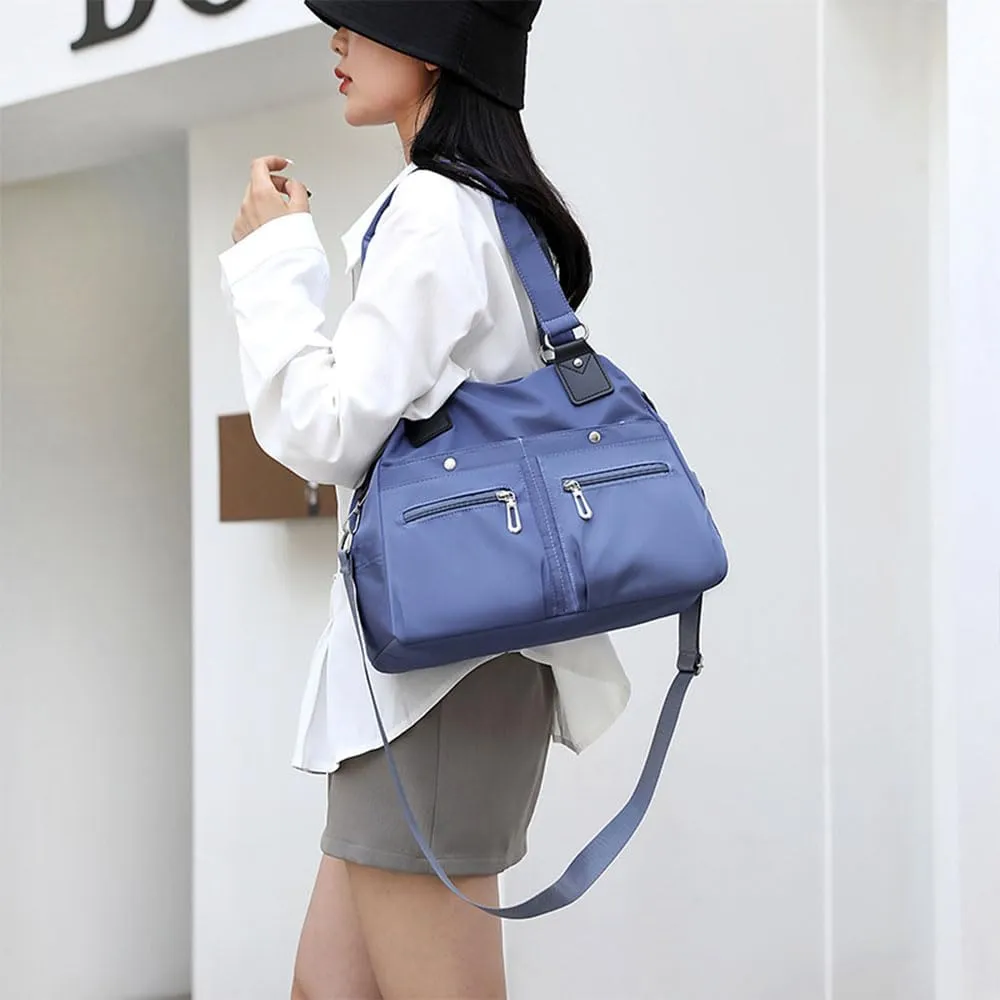 Langrents Nylon Tote Bag, Large Capacity Waterproof Multi Pocket Shoulder Bag, Lightweight Nylon Shoulder Bag with Zipper