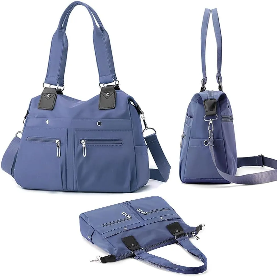 Langrents Nylon Tote Bag, Large Capacity Waterproof Multi Pocket Shoulder Bag, Lightweight Nylon Shoulder Bag with Zipper