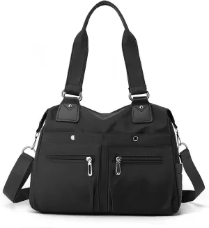 Langrents Nylon Tote Bag, Large Capacity Waterproof Multi Pocket Shoulder Bag, Lightweight Nylon Shoulder Bag with Zipper