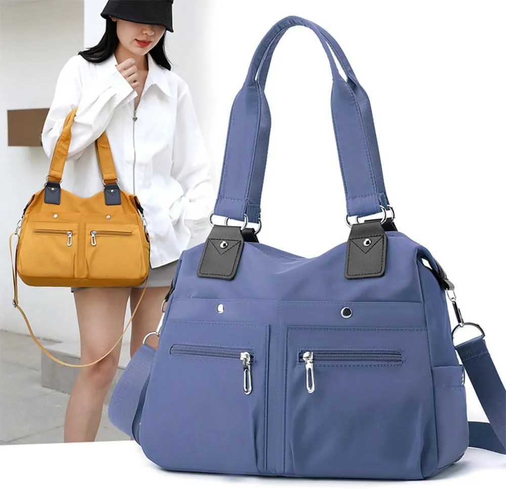Langrents Nylon Tote Bag, Large Capacity Waterproof Multi Pocket Shoulder Bag, Lightweight Nylon Shoulder Bag with Zipper