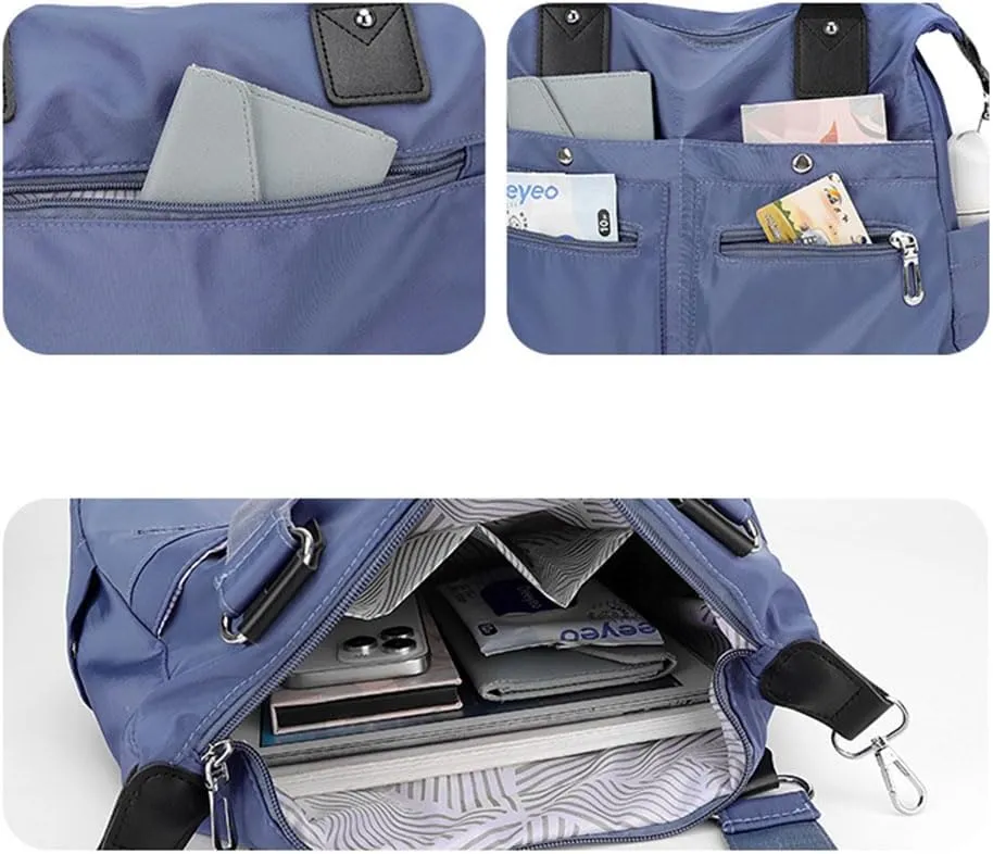 Langrents Nylon Tote Bag, Large Capacity Waterproof Multi Pocket Shoulder Bag, Lightweight Nylon Shoulder Bag with Zipper