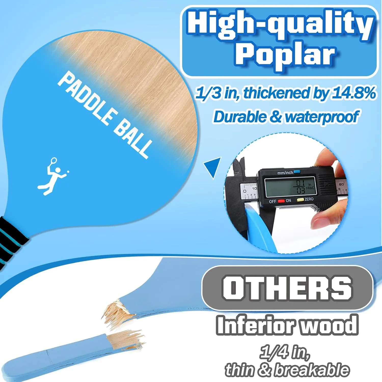 Large Beach Paddle Ball Sets - 14.7x9.2in Paddleball Rackets, Comfortable Anti-Slip Grip, Outdoor Sports Toys for Adults Family Games Beach Yard Lawn Party Supplies