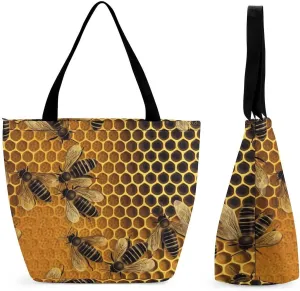 Large Capacity Tote Bag with Zipper Bees on Hive Women Handbag with Handles Ladies Shoulder Bag with Compartments Beach Bag Shopping Bags for Travel Work