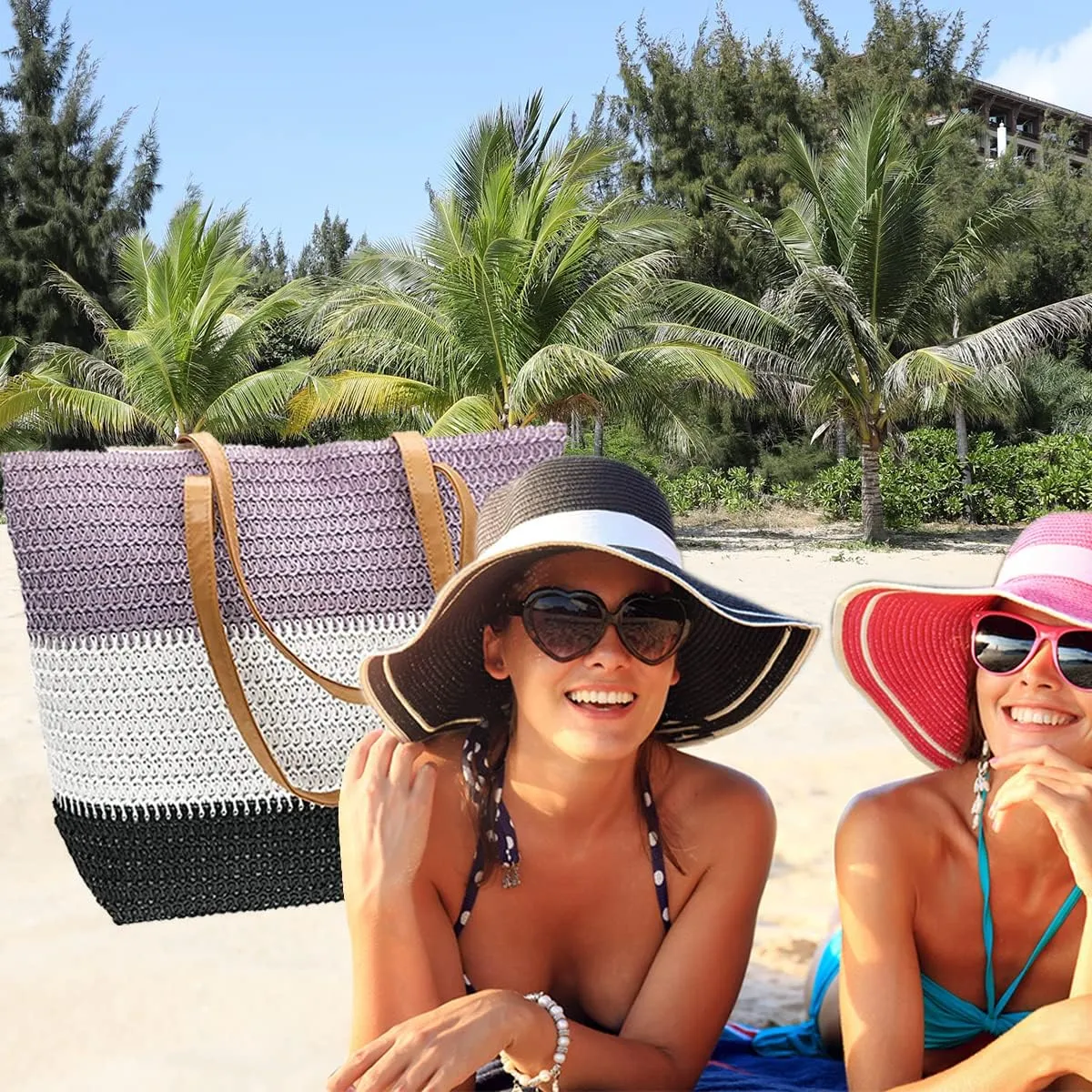 Large Straw Tote Bag for Women Rattan Woven Straw Beach Bag Purse Colored Stripe Shoulder Bags Handbag Summer