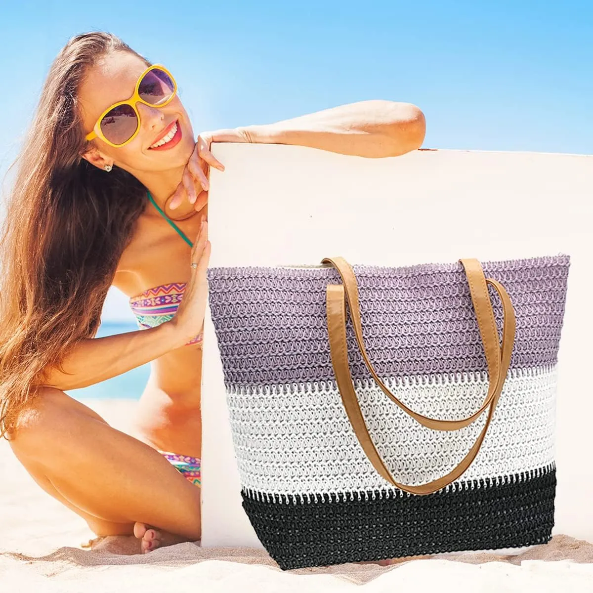 Large Straw Tote Bag for Women Rattan Woven Straw Beach Bag Purse Colored Stripe Shoulder Bags Handbag Summer