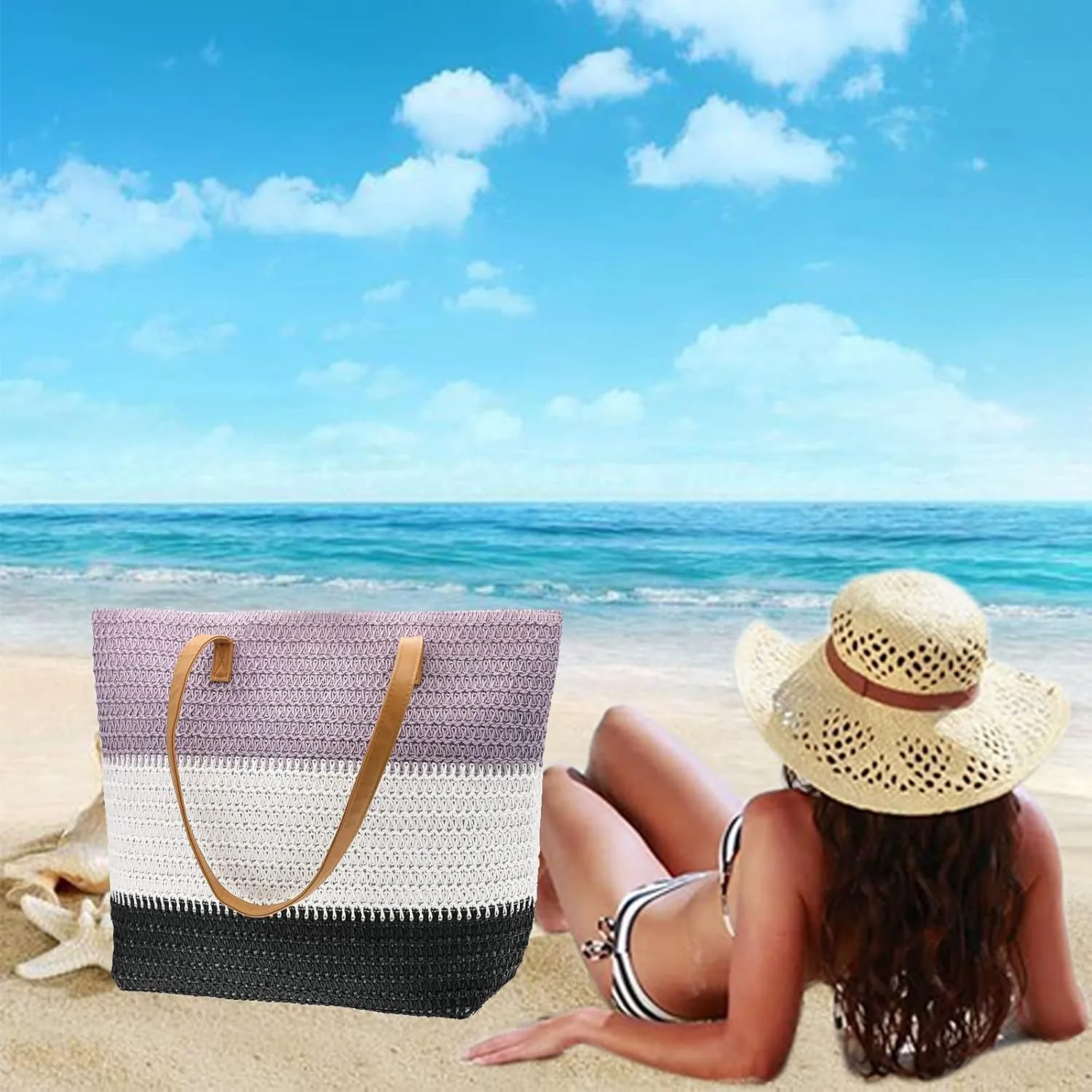Large Straw Tote Bag for Women Rattan Woven Straw Beach Bag Purse Colored Stripe Shoulder Bags Handbag Summer