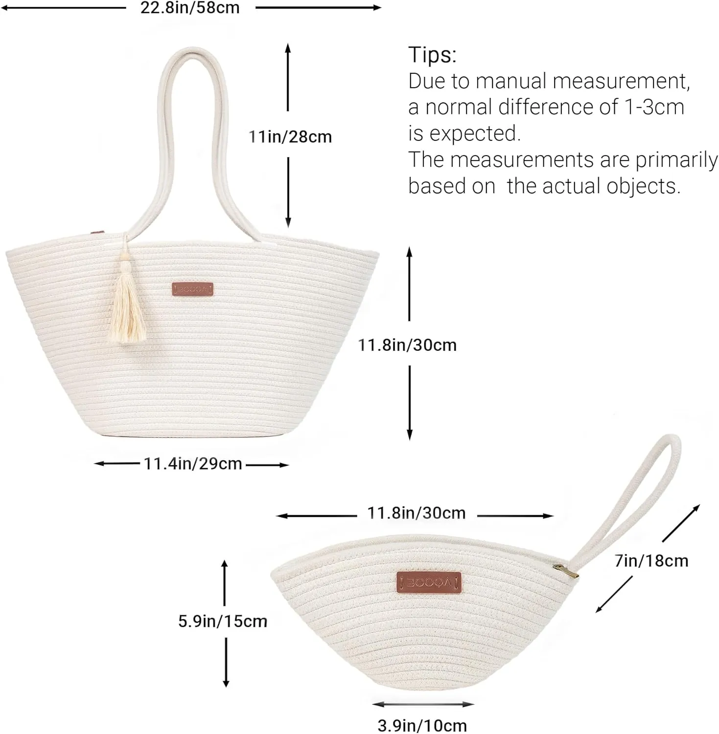 Large Woven Tote & Small Handbag Set for Women, Cotton Rope Shoulder Bag for Beach Pool Travel Weekends, Purse for Essentials