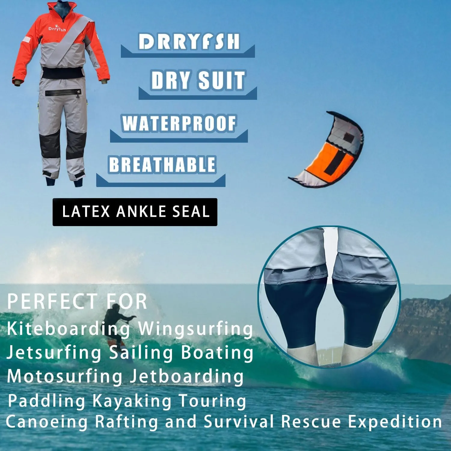 Latex Ankle Seals Drysuit Kayak Dry Suits for SUP Waterskiing Kitboarding Wingsurfing Jetsurfing