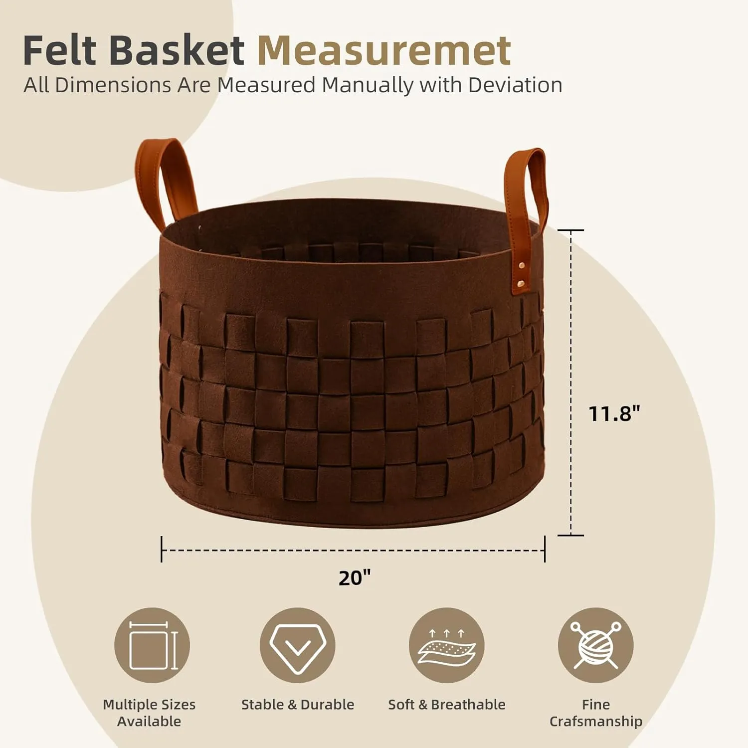 Laundry Basket 20 " x20 x11.8 , Large Felt Fabric Blanket Basket with Leather Handle, Dirt Clothes Laundry Hamper Round for Babies, Dogs and Living Room-Brown