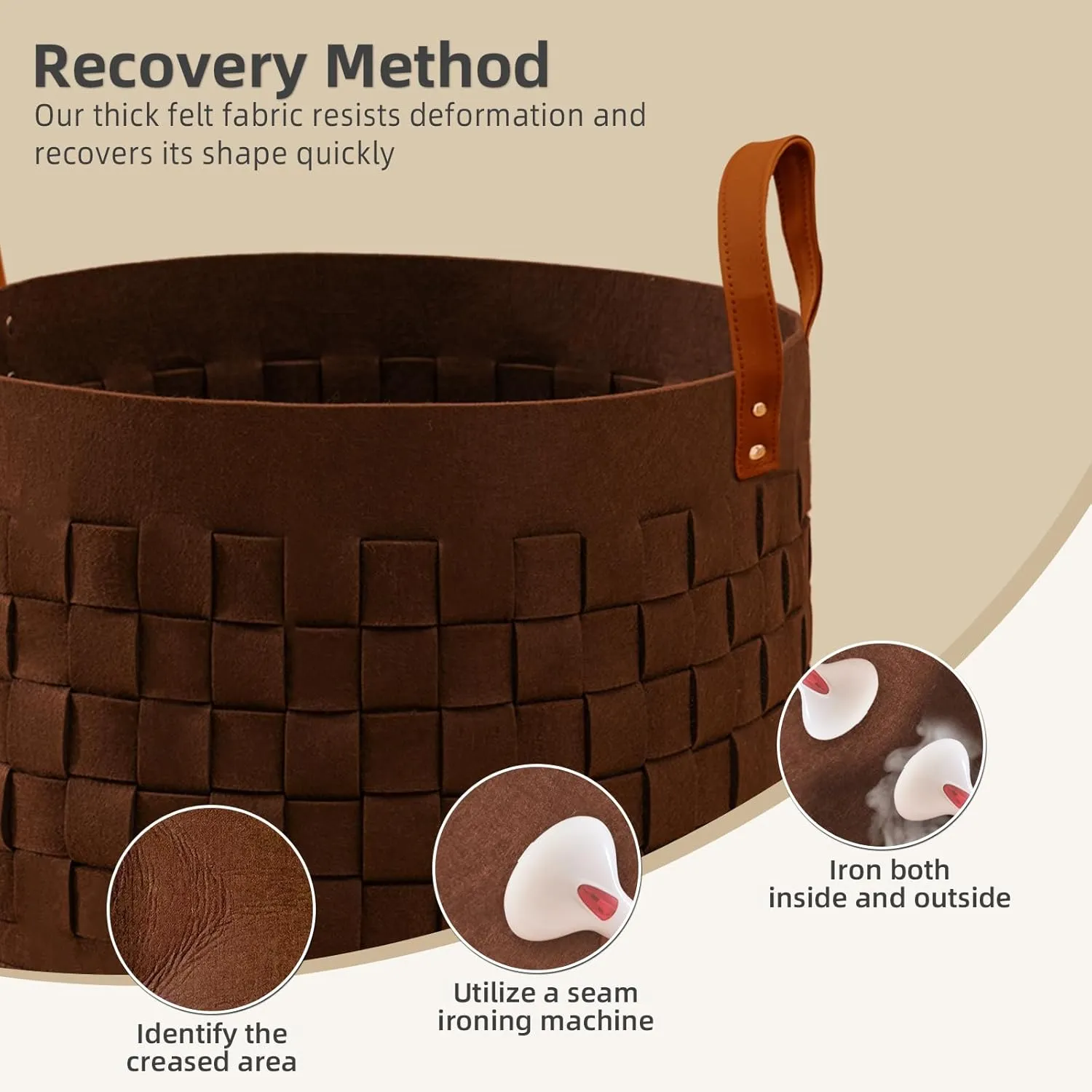 Laundry Basket 20 " x20 x11.8 , Large Felt Fabric Blanket Basket with Leather Handle, Dirt Clothes Laundry Hamper Round for Babies, Dogs and Living Room-Brown