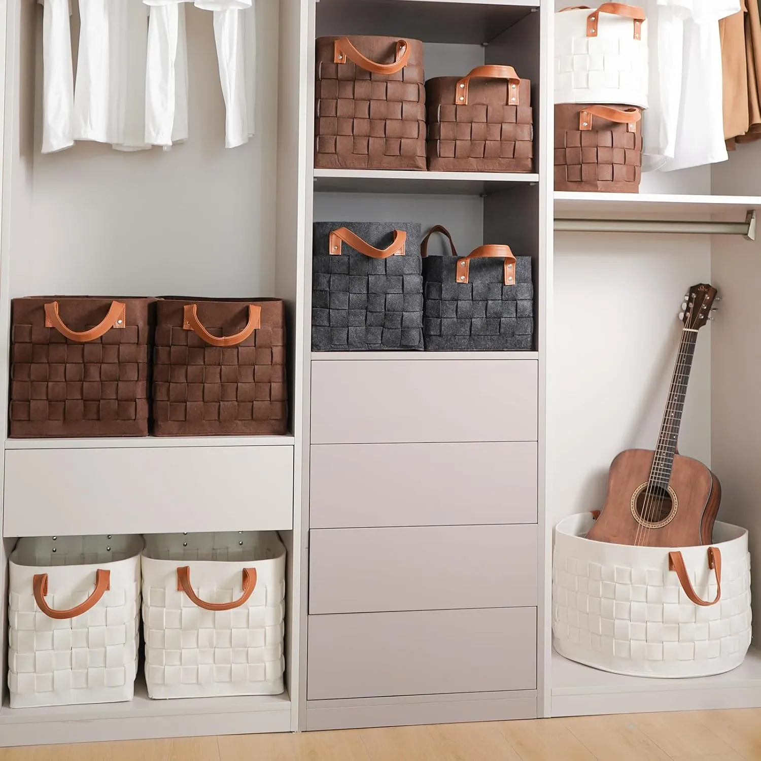 Laundry Basket 20 " x20 x11.8 , Large Felt Fabric Blanket Basket with Leather Handle, Dirt Clothes Laundry Hamper Round for Babies, Dogs and Living Room-Brown