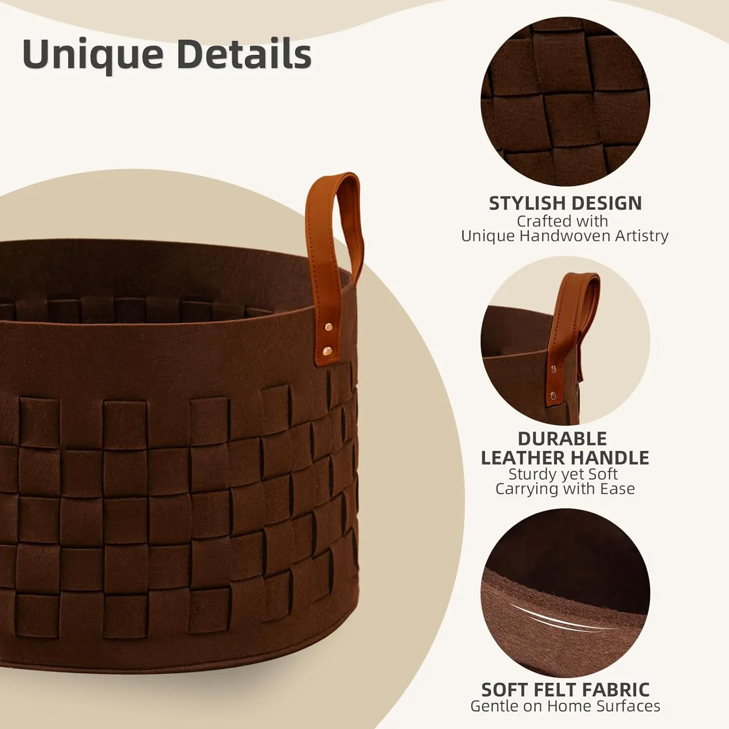 Laundry Basket 20 " x20 x11.8 , Large Felt Fabric Blanket Basket with Leather Handle, Dirt Clothes Laundry Hamper Round for Babies, Dogs and Living Room-Brown
