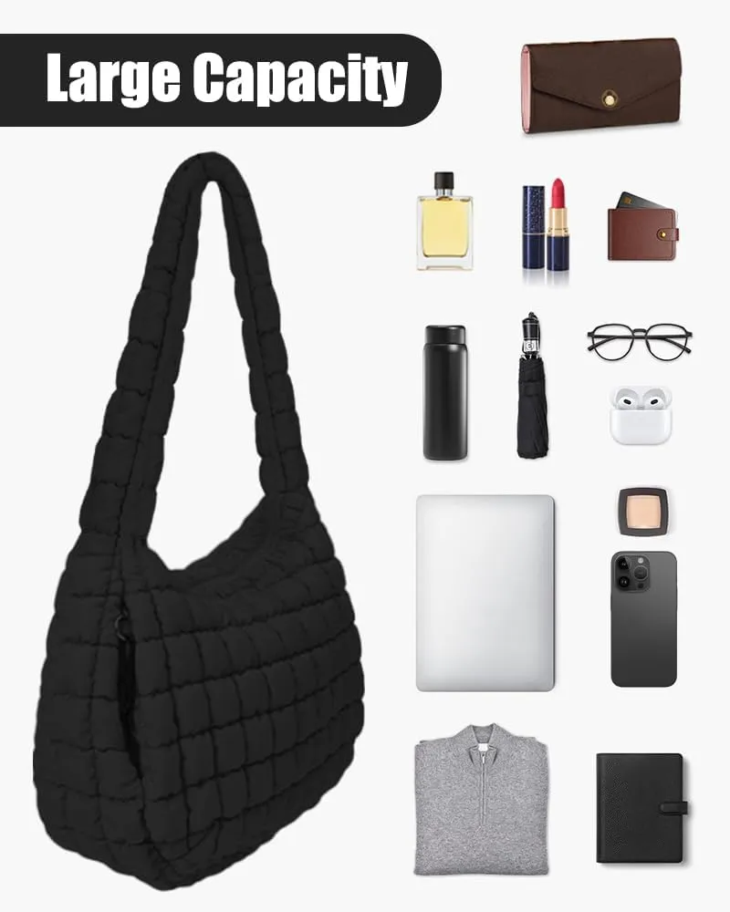 LaurelTree Quilted Puffer Crossbody Bag Lightweight Nylon Puffer Tote Bags Puffy Shoulder Bag Carryall Hobo Bags for Women