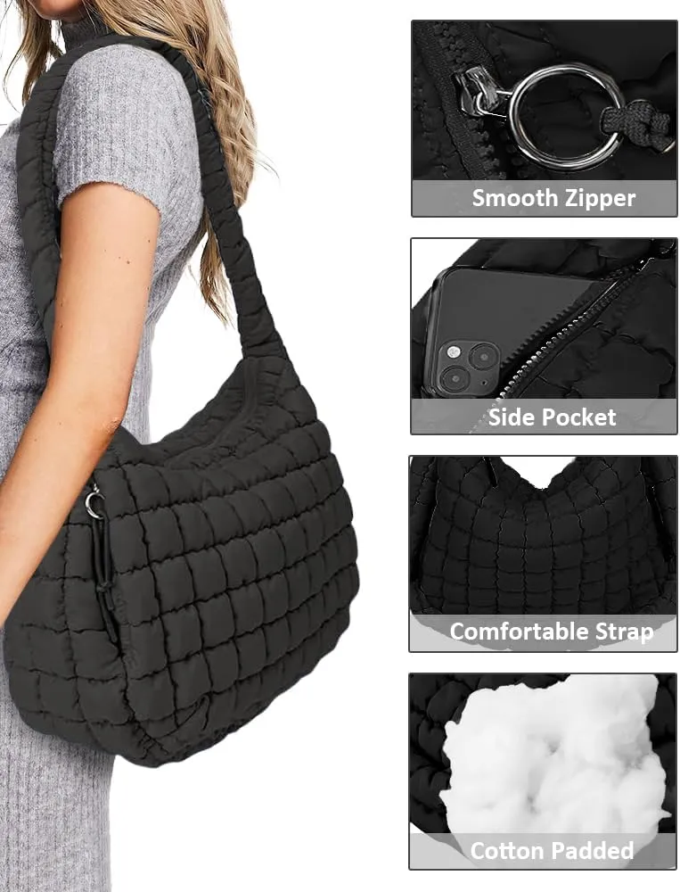 LaurelTree Quilted Puffer Crossbody Bag Lightweight Nylon Puffer Tote Bags Puffy Shoulder Bag Carryall Hobo Bags for Women