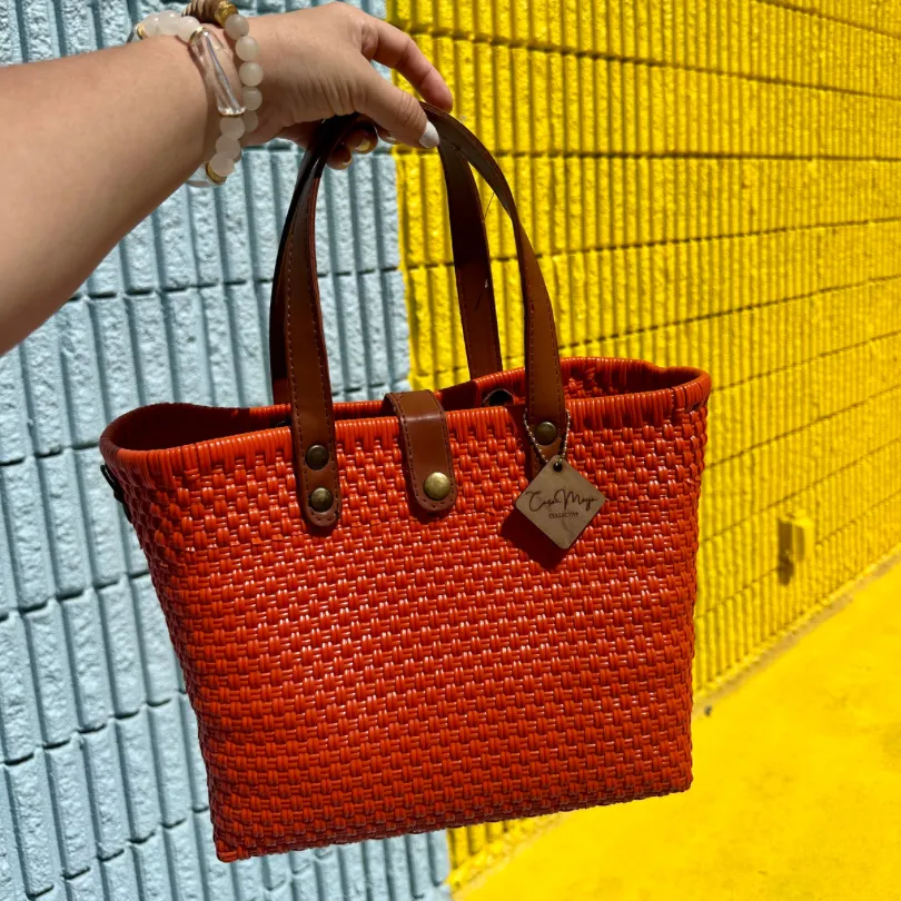Leather Handles Tote - Orange