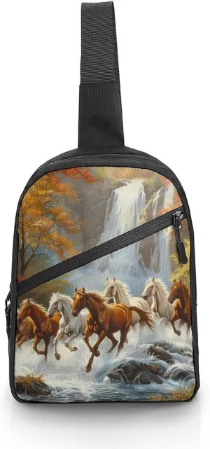 Life Mountain Stream Running Horse Wild Sling Backpack Crossbody Shoulder Bag Casual Chest Bag Travel Hiking Daypack