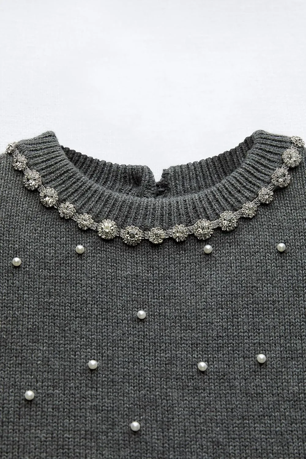 LifeShe Women's Short Sleeve Pearls Sweater Casual Crew Neck Crop Rhinestones Knit Pullover Sweaters
