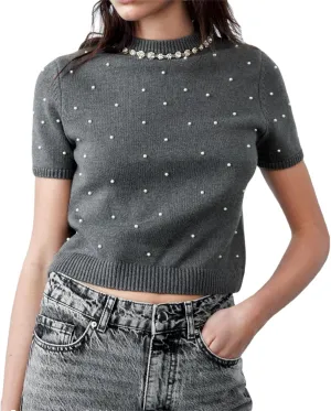 LifeShe Women's Short Sleeve Pearls Sweater Casual Crew Neck Crop Rhinestones Knit Pullover Sweaters