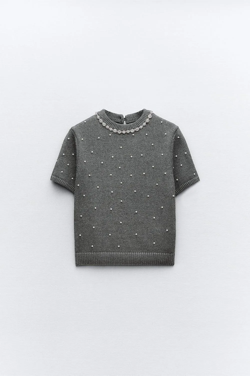 LifeShe Women's Short Sleeve Pearls Sweater Casual Crew Neck Crop Rhinestones Knit Pullover Sweaters
