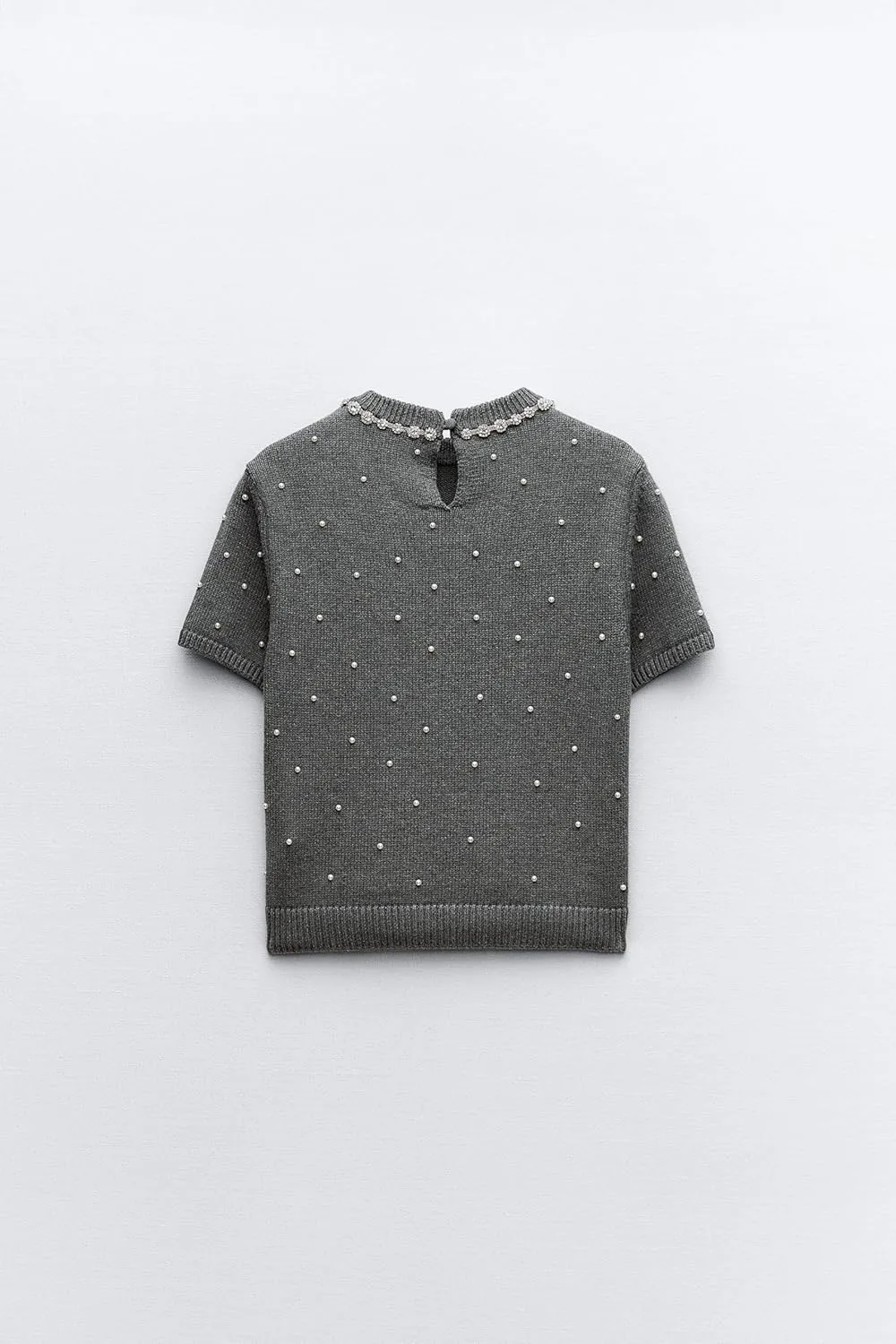 LifeShe Women's Short Sleeve Pearls Sweater Casual Crew Neck Crop Rhinestones Knit Pullover Sweaters