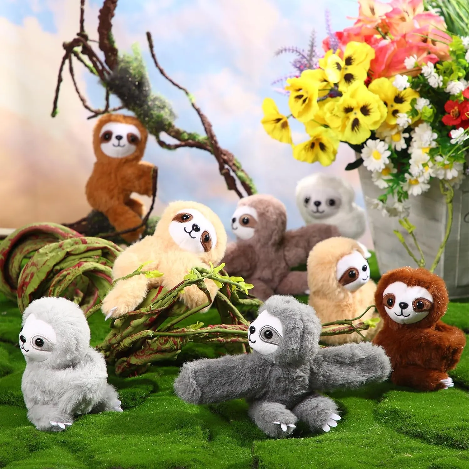 Liliful 8 Pack Kids Gifts Stuffed Animal Cat Slap Bracelets, Graduation End of Year 8 Inch Plush Wrist Cute Snap Bracelets Birthday for Boys Girls Child Bulk Items Pet Adoption Party Favors(Sloths)