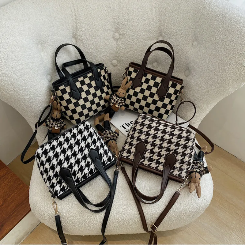 Lily – Houndstooth Pattern Tote with Vegan Leather Handles