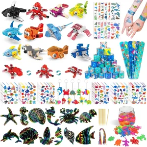 LINAYE 24 Packs Ocean Party Favors for Kids - 192 Pcs Under The Sea Party Favors with Marine Animals Building Blocks, Growing Toys, Tattoo Stickers Sheets, Slap Bracelets Goodie Bag Stuffers for Kids