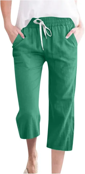 Linen Capri Pant for Women 2025 Soild Casual Summer Trousers Drawstring Capris with Pockets Beach Vacation Pants