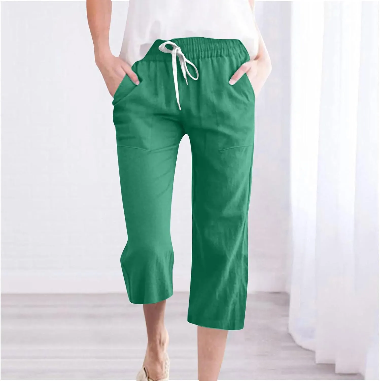 Linen Capri Pant for Women 2025 Soild Casual Summer Trousers Drawstring Capris with Pockets Beach Vacation Pants