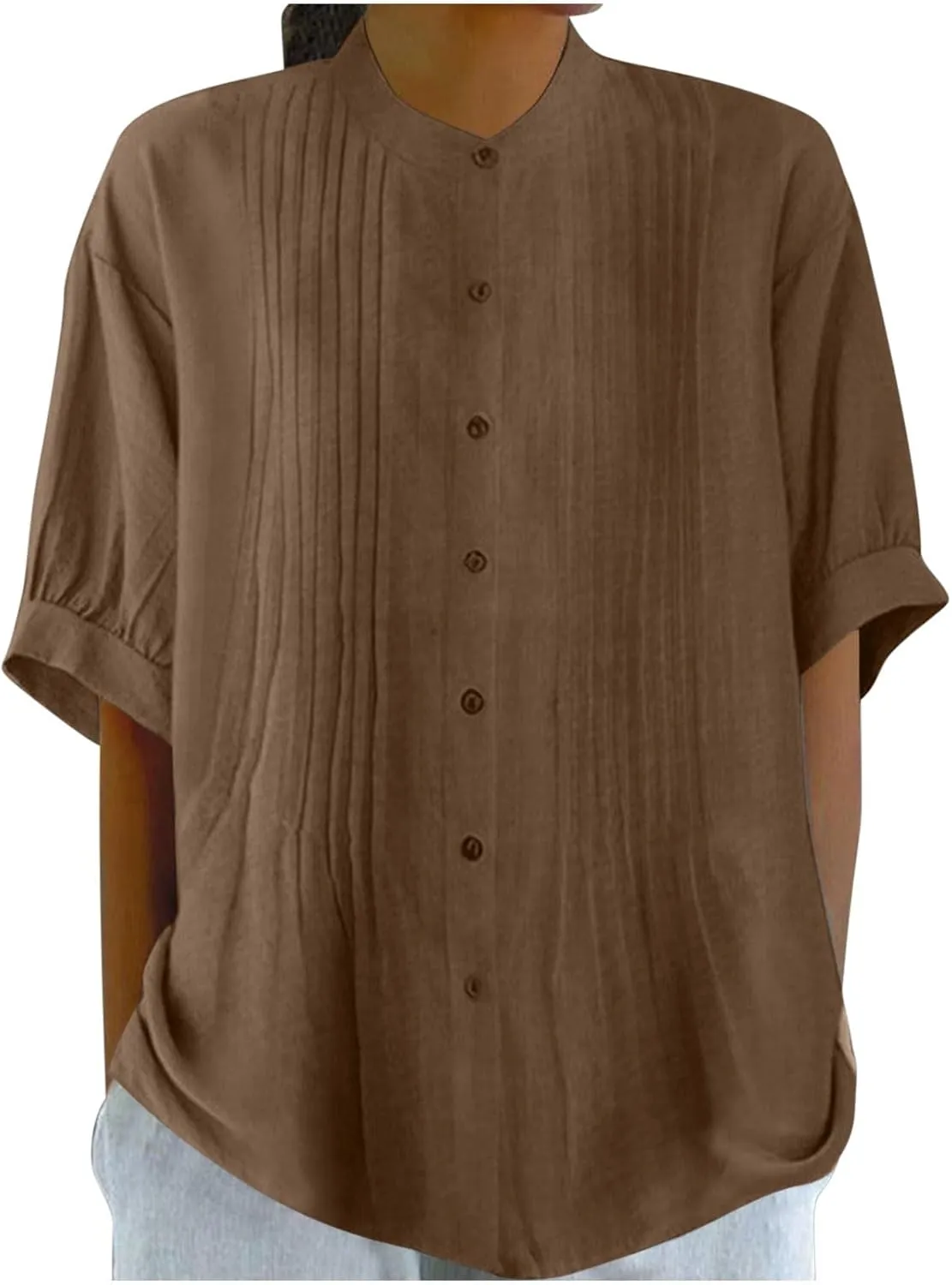 Linen Shirts for Women Casual Half Sleeve High Neck Blouses Casual Cotton Linen Lightweight Summer Boho Tops