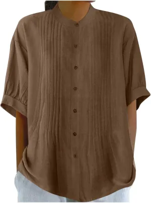 Linen Shirts for Women Casual Half Sleeve High Neck Blouses Casual Cotton Linen Lightweight Summer Boho Tops
