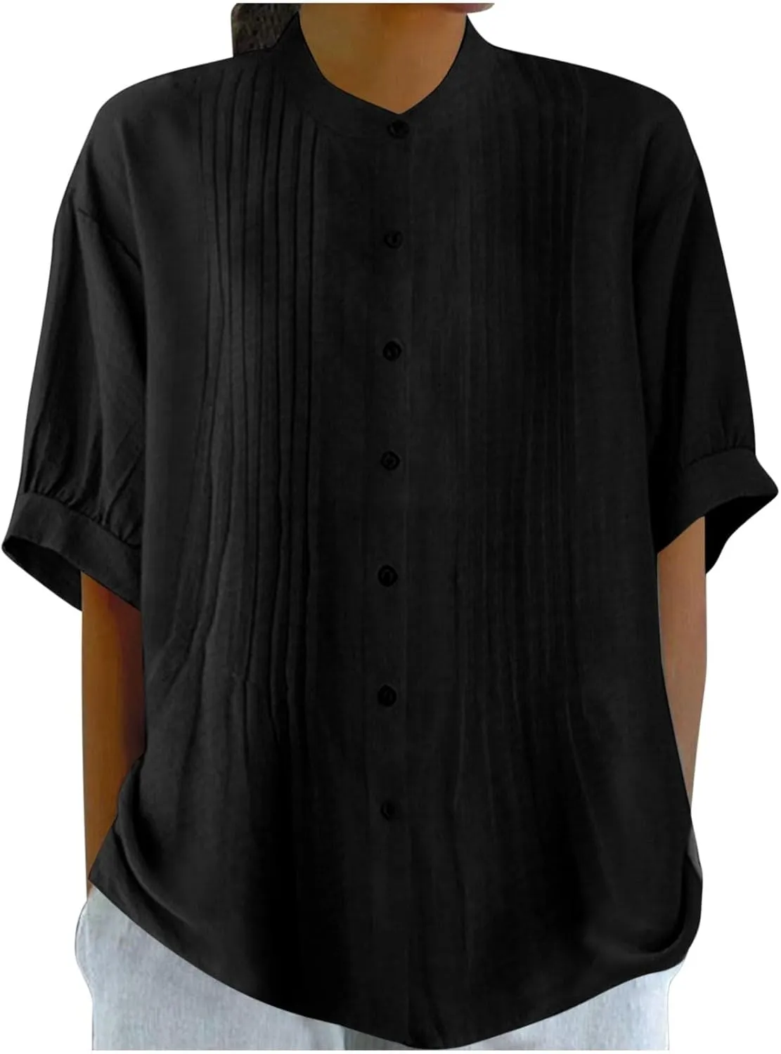 Linen Shirts for Women Casual Half Sleeve High Neck Blouses Casual Cotton Linen Lightweight Summer Boho Tops